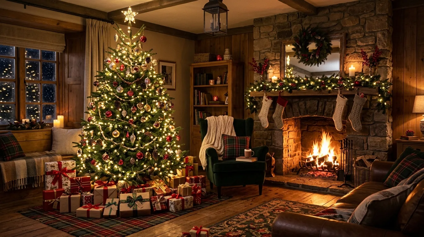 Add natural accents for warmth and charm inspiration for a Christmas tree centerpiece.